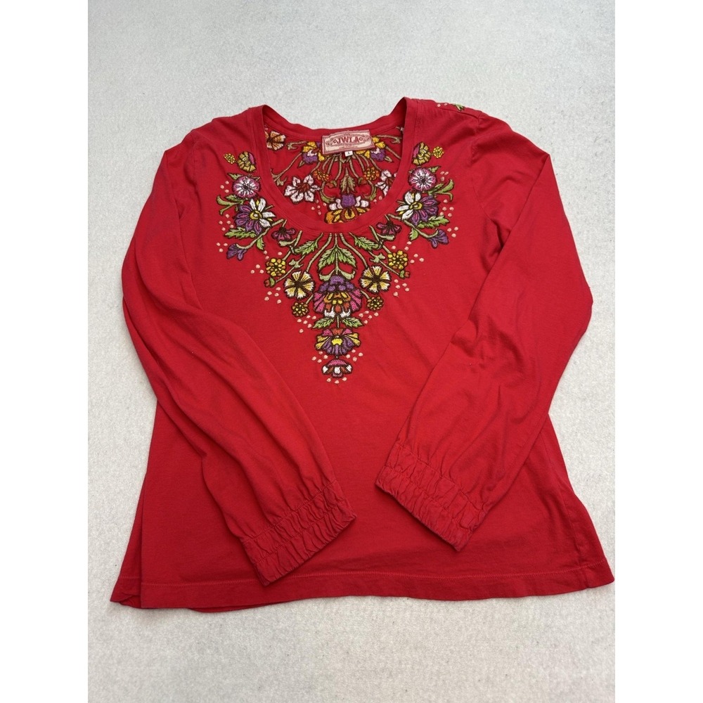 Johnny Was JWLA Shirt Women's Large Red Embroidered Floral Boho Long Sleeve
